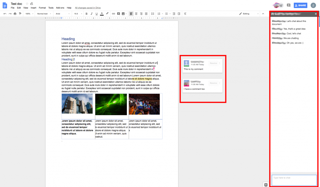 Google docs screen showing comments and the chat interface.