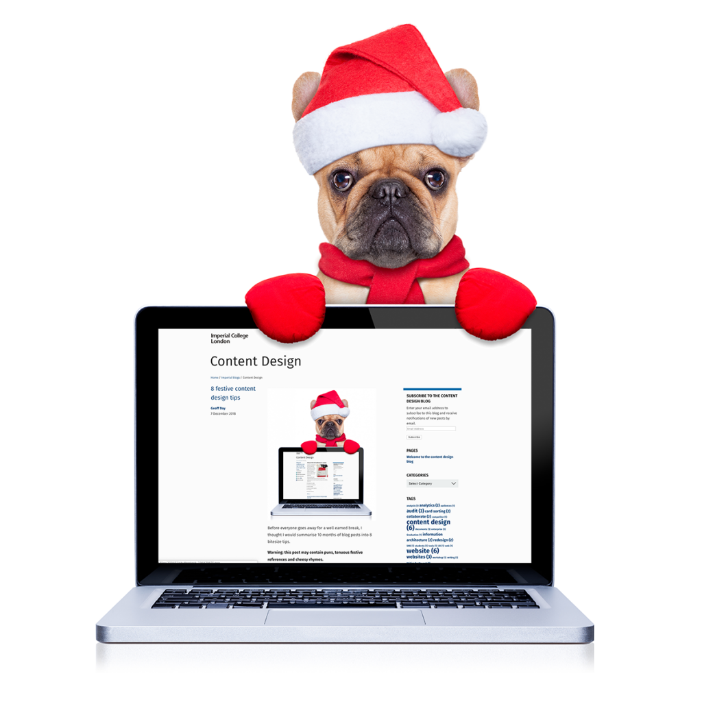 Small dog wearing a santa hat holding a laptop displaying the Content Design blog.