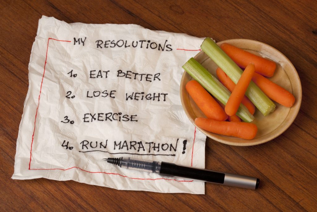List of resolutions written on a napkin - 1. eat better, 2. lose weight, 3. exercise, 4. run marathon