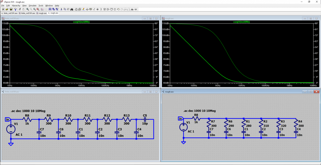 A screen shot of LT spice software showing two electrical circuits and corresponding graphs