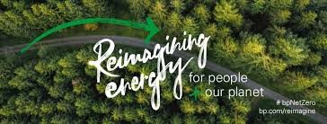 Arial shot of a forest, with text: Reimagining energy for people and our planet' with bp logo