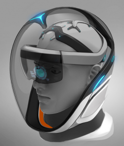 An artist's illustration of a hololens headset underneath an astronaut's helmet.