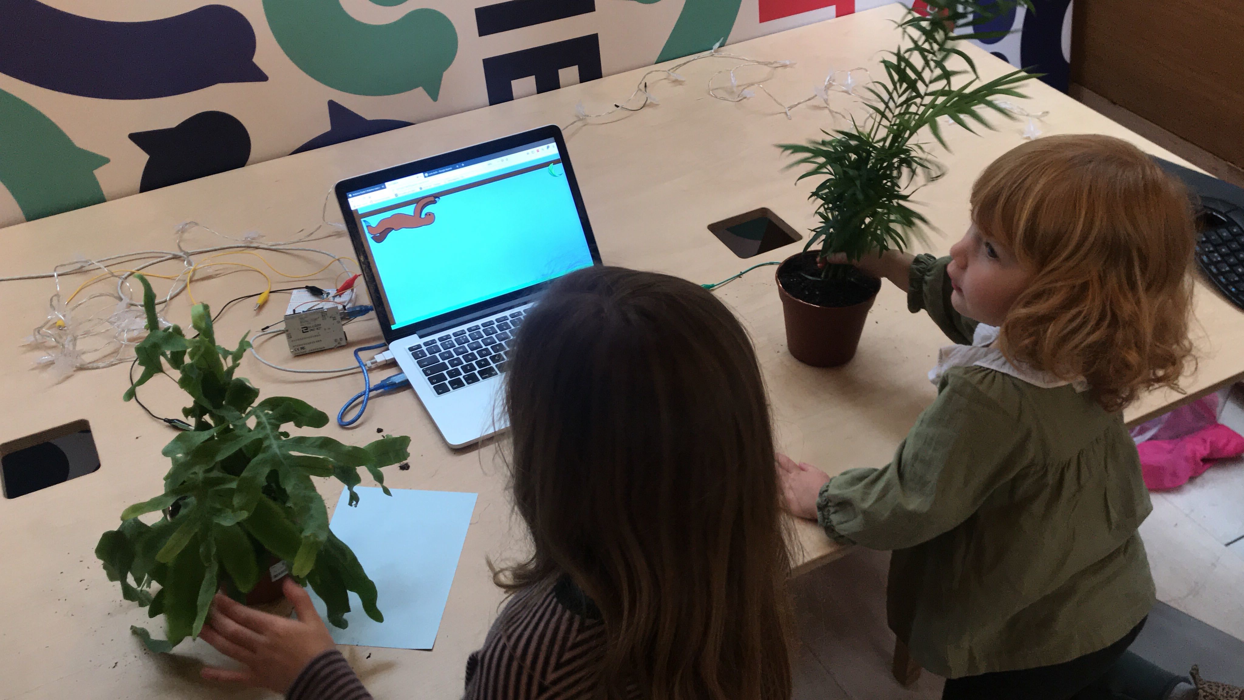 Two young girls playing a game using plants