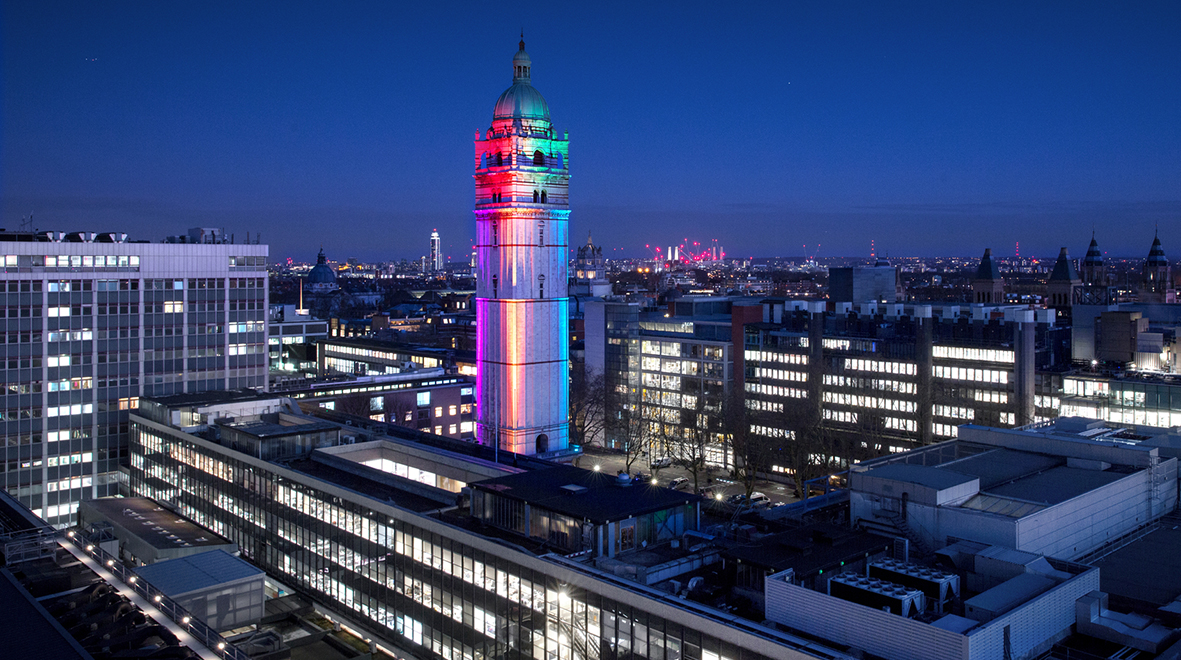 Queen's Tower lit in rainbow colours for Pride 