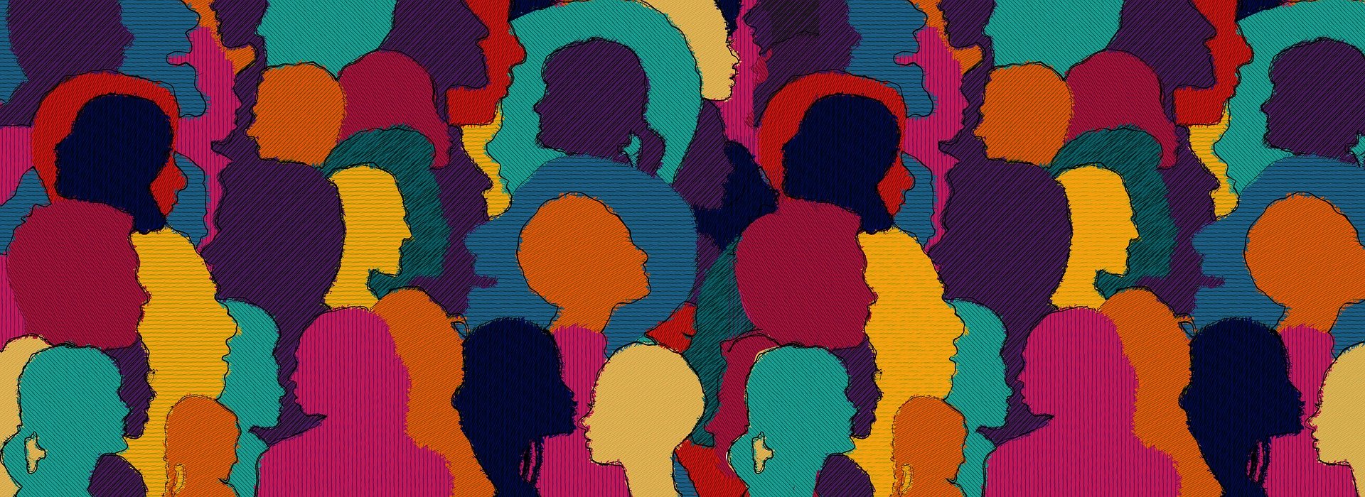 Illustration showing lots of different people's profiles in multi-colours in a collage
