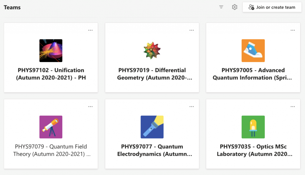A screenshot from Teams showing different Physics modules
