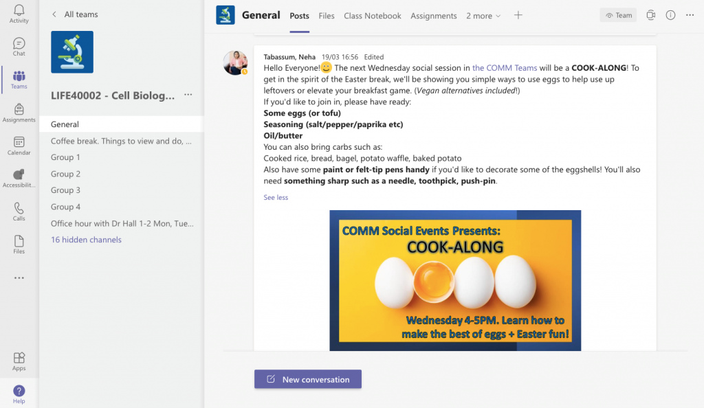 A screenshot from Teams showing how it can be used to encourage cohort collaboration - a tutor has posted a message announcing a virtual Cook-Along social event 