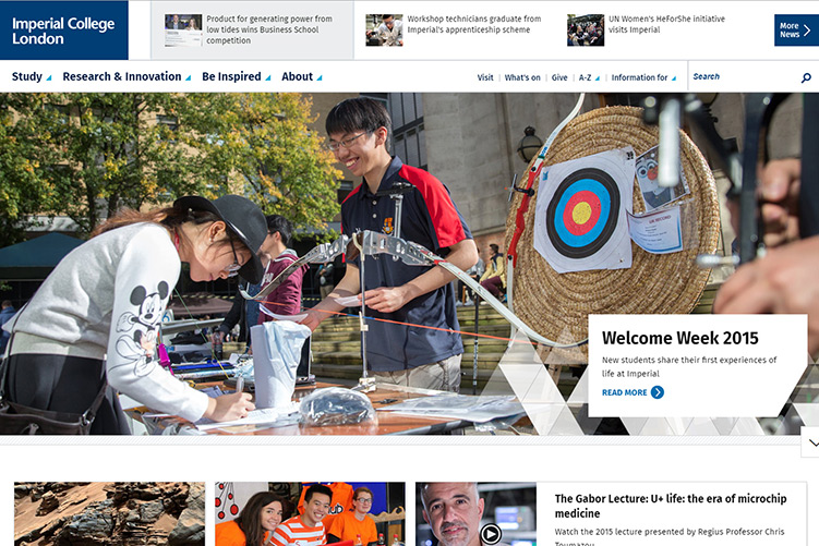 A screenshot of the Imperial College London website homepage, showing students at the Archery Club stall from Welcome Week 2015.