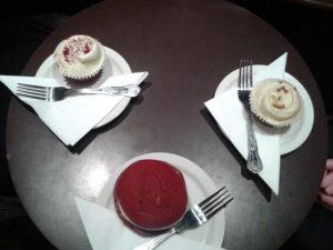 Red velvet cupcake, red velvet whoopie pie and gingerbread cupcake - BEST. EVER.