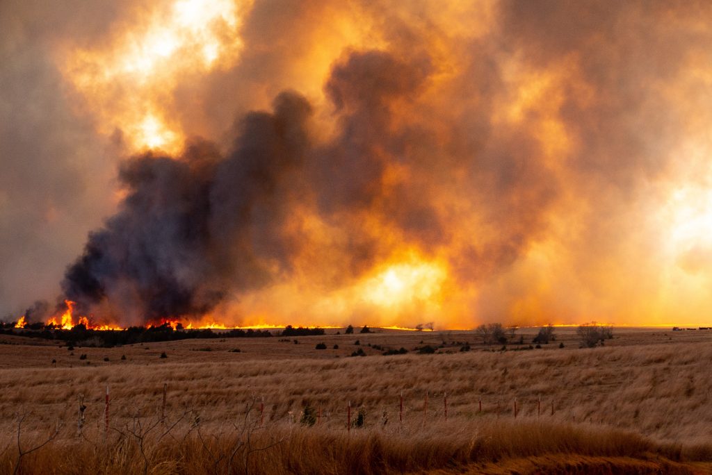 A wildfire on the horizon of grassland